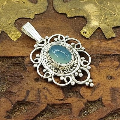 Pingente Indiano mandala Prata 925 Calcedônia Azul lançamento