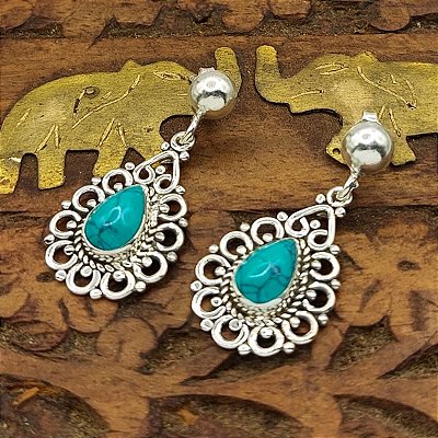 Brinco mandala Prata 925 e Pedra Turquesa - índia