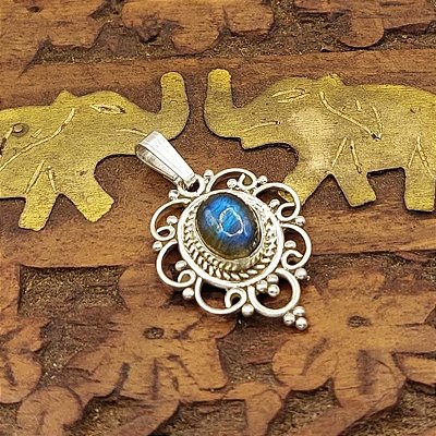 Pingente Indiano Prata 925 - Pedra Labradorita - Mandala