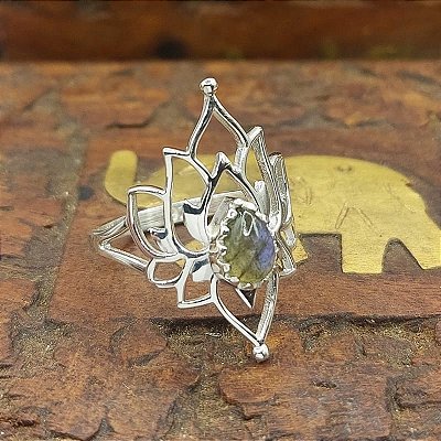 Anel de Prata 925 indiano - Flor de Lótus labradorita - Lançamento