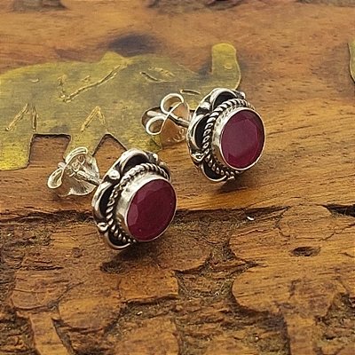 Brinco de Prata 925 com Pedra Rubi - indiano Mandala