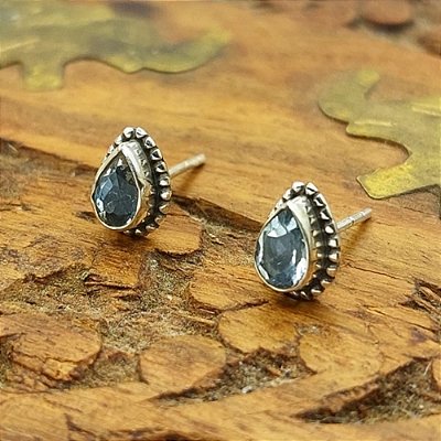 Brinco de Prata 925 Indiano Gota Topázio Azul