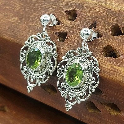 Brinco de Prata 925 e pedra Peridoto - Filigrana