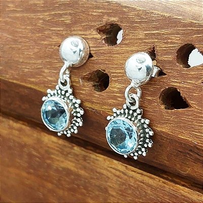 Brinco Prata 925 Topázio Azul Sol