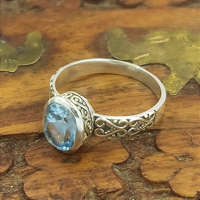 Anel Prata Bali 925 Topázio Azul - Boho - T003