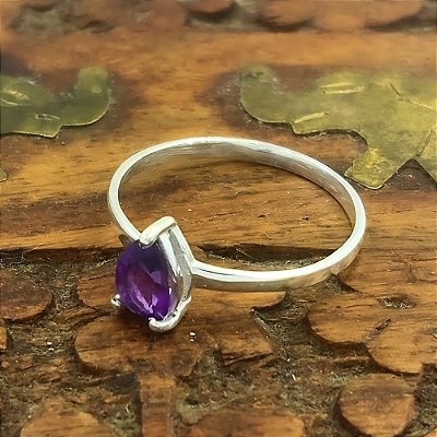 Anel Feminino Prata 925 Solitário Ametista Gota - Índia - A004