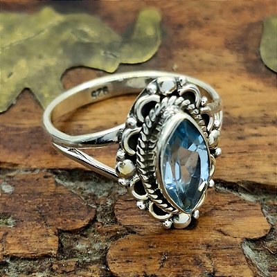 Anel Indiano de Prata 925 com pedra Topázio azul - T007