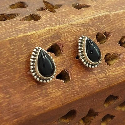 Brinco Indiano de Prata 925 Gota com Pedra Natural Ônix