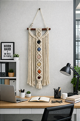 Painel Macramê Branco com 7 Pedras dos Chakras