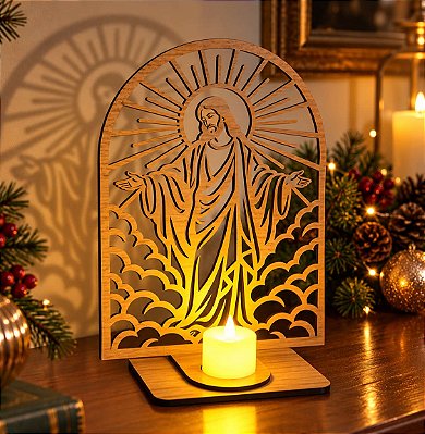 Enfeite de Mesa - Natal - Jesus de Braços Abertos com vela
