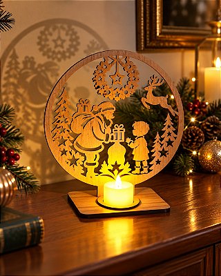 Enfeite de Mesa - Natal - Papai Noel e Criança com vela