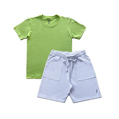 Kit Camiseta Infantil Menino Jokenpô Verde + Bermuda Branca