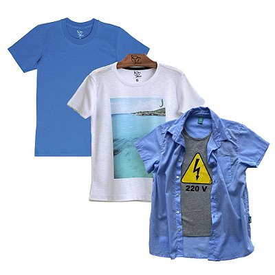 Kit Camisetas e Camisa 3 Peças Roupa Infantil Menino Jokenpô