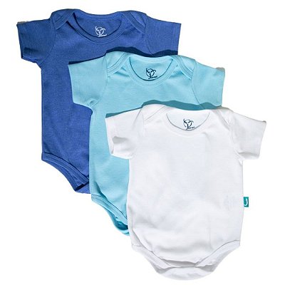 Kit 3 Bodies Bebê Jokenpô Básico M/C Masculino Azul Claro + Azul + Branco