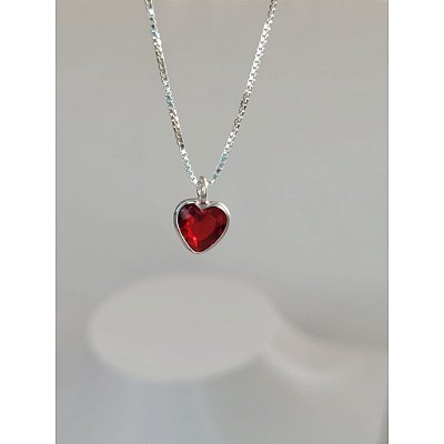 Colar coração ponto de luz vermelho rubi 40cm