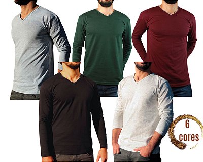 Camiseta Masculina Slim Fit GOLA V Manga Longa - 100% Algodão - 6 Cores