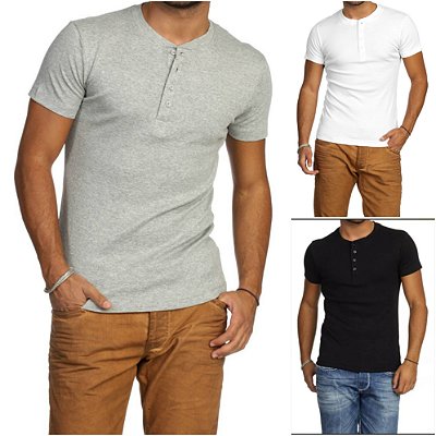 KIT COM 3 Camiseta HENLEY Classic SLIM FIT Manga CURTA Gola Portuguesa