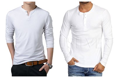 Kit WHITE 2 Camisetas Henley  Masculina MANGA LONGA - CANELADA
