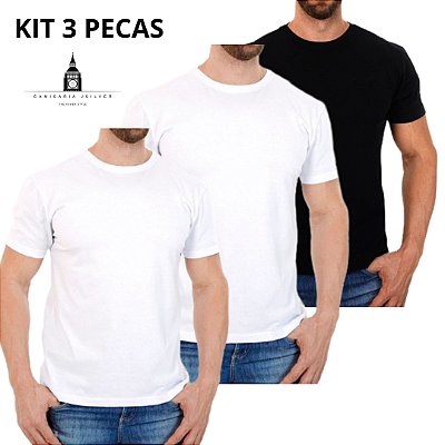 KIT 3 Camiseta 2 BRANCA + 1 PRETA T-SHIRT Casual 100% Algodão Penteado