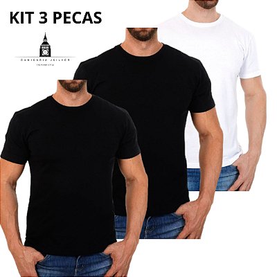 KIT 3 Camiseta 2 PRETA+ 1 BRANCA T-SHIRT Casual 100% Algodão Penteado