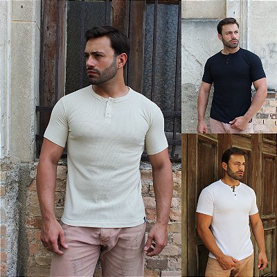 Camiseta HENLEY Masculina WAFFLE Slim Manga Curta - 5 CORES