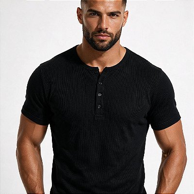 Camiseta Henley Canelada Slim 4 Botões Masculina Manga Curta - 5 Cores