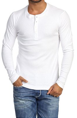 Camiseta HENLEY 4 BOTÕES Slim Fit Manga Longa CANELADA BRANCA