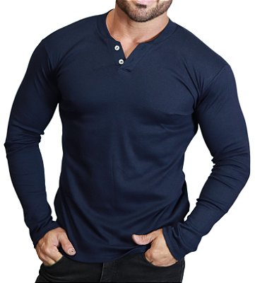 Camiseta Henley Canelada Slim Manga Longa 2 Botões - 6 cores