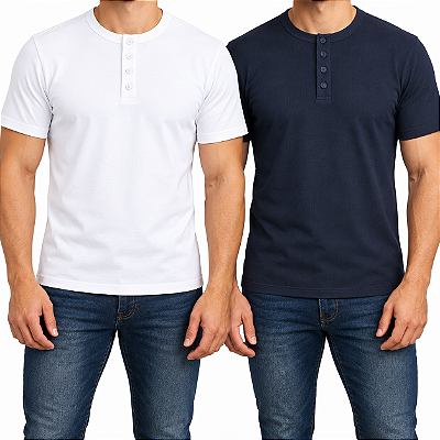 Kit 2 Camisetas Henley Masculinas Caneladas Manga Curta Slim Fit 4 Botões J Silver