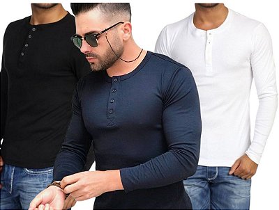 KIT COM 3 Camiseta HENLEY SLIM FIT Manga Longa (1 Branca, 1 Preta, 1 Marinho)