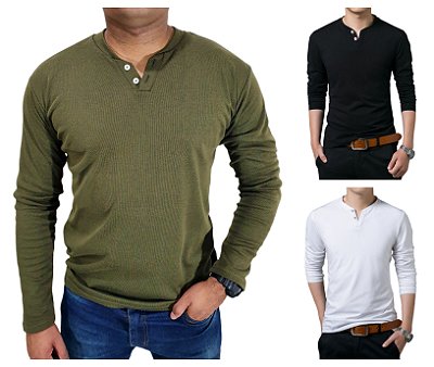 KIT com 3 Camiseta HENLEY  Slim Fit Manga Longa 2 BOTÕES - 1 Branca, 1 Preta, 1 Verde Escuro