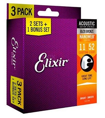 KIT 3 ENCORDOAMENTO VIOLÃO ELIXIR NANOWEB BRONZE 011 - LEVE 3 PAGUE 2