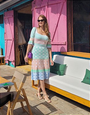 VESTIDO TRICOT MIDI XADREZ MODAL VICHY