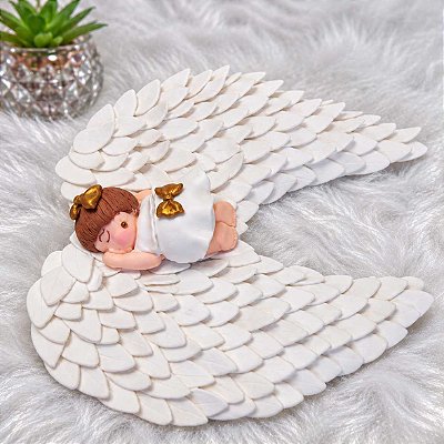 Topo de Bolo Bebê Anjo Biscuit Dormindo em Asas de 18 cm