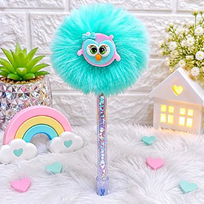 Caneta Decorada com Coruja de Biscuit e Pompom Azul-Turquesa