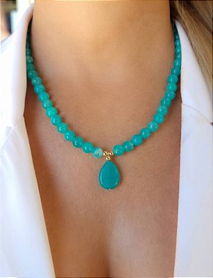Colar Jade Verde Água e Gota de Ágata