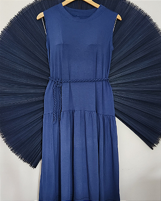 Vestido Midi Regata com Cinto Azul