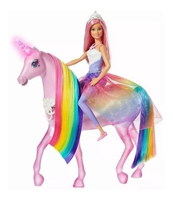 Boneca Barbie Unicornio Magico Crina Arco Íris Emite Son Luz