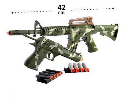 Kit Pistola E Arma Lança Dardos 14 Peças Militar - 42cm