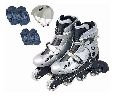 Patins Inline Cinza Ajustável Com Kit Proteção Completo