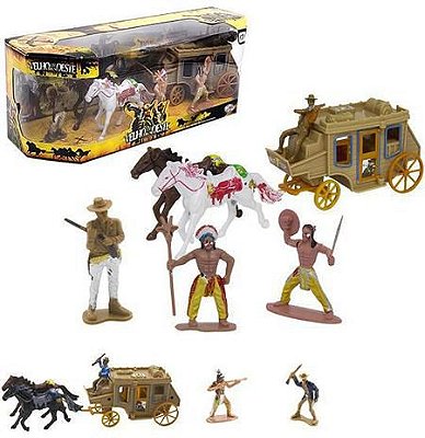 Kit Boneco Velho Oeste Com Cavalos E Carruagem E Índios