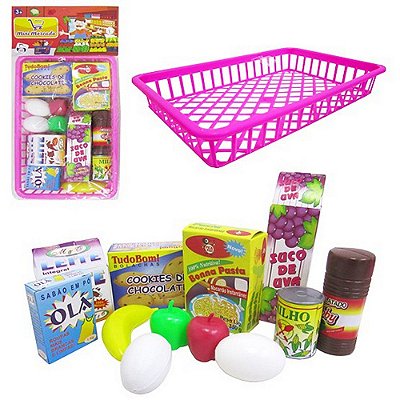 Kit Cozinha Com Cesto De Plastico Mini Mercado E Comida