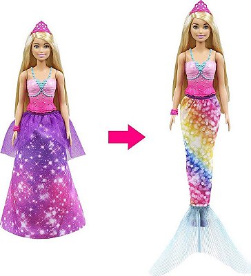 Boneca Barbie 2 Em 1 - Vestido Magico C Saia E Cauda Sereia