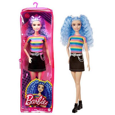 Boneca Barbie Fashionistas - Cabelo Azul Top Arco-íris