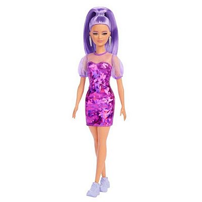 Boneca Barbie Fashionista Morena Vestido E Cabelo Roxo Lunar