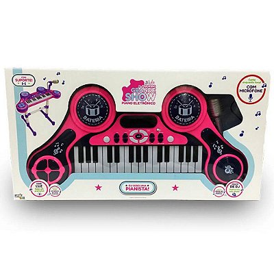 Piano Eletrônico Teclado Infantil Com Microfone Suporte Rosa