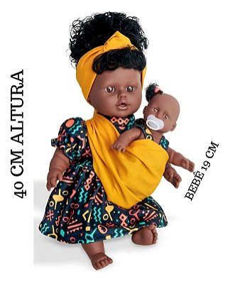 Boneca Mãe E Filha Negra Africana Em Vinil 40cm Menina Ayana