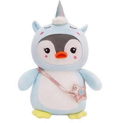 Pelucia De Pinguim Com Gorro De Unicórnio De 55cm Com Bolsa Azul