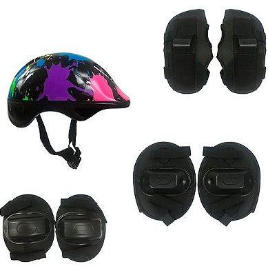 Kit De Proteção Radical Infantil Plus Preto Colorido Capacete + Joelheiras + Cotoveleiras + Munhequeiras