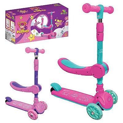 Patinete 2 Em 1 - Infantil Com 3 Rodas Luz De Led - Musica - Altura Ajustável - Assento Dobrável Rosa - Roxo